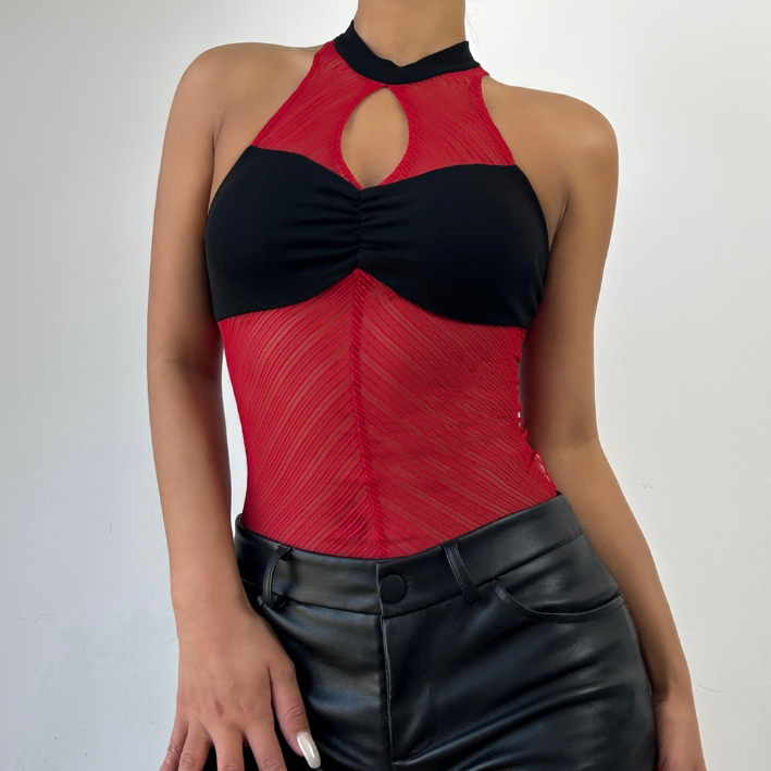 High neck ruched hollow out mesh zip-up tank cut out top  | Festival Outfits Women