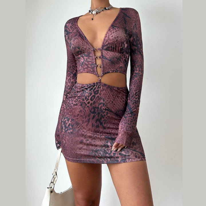 Long sleeve deep v neck print hollow out cut out mini dress  | Festival Outfits Women