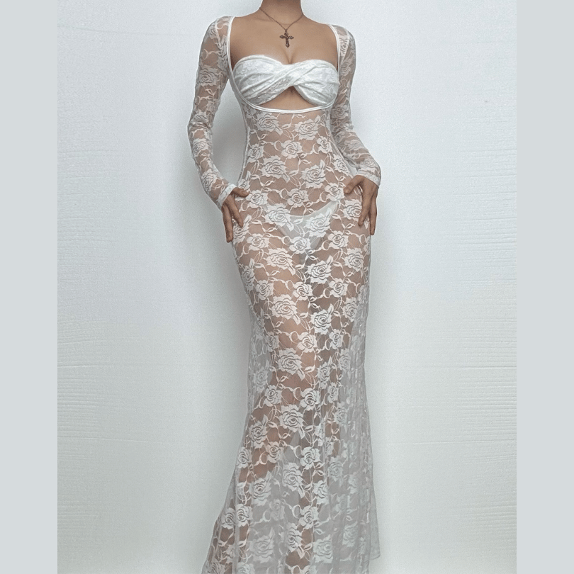 Long sleeve lace see through sweetheart neck maxi dress  | Festival Outfits Women