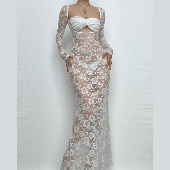 Long sleeve lace see through sweetheart neck maxi dress  | Festival Outfits Women