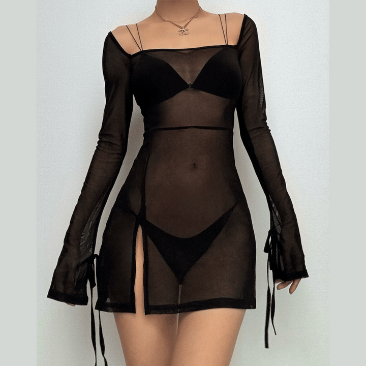 Sheer mesh see through square neck slit long sleeve mini dress-final-sale