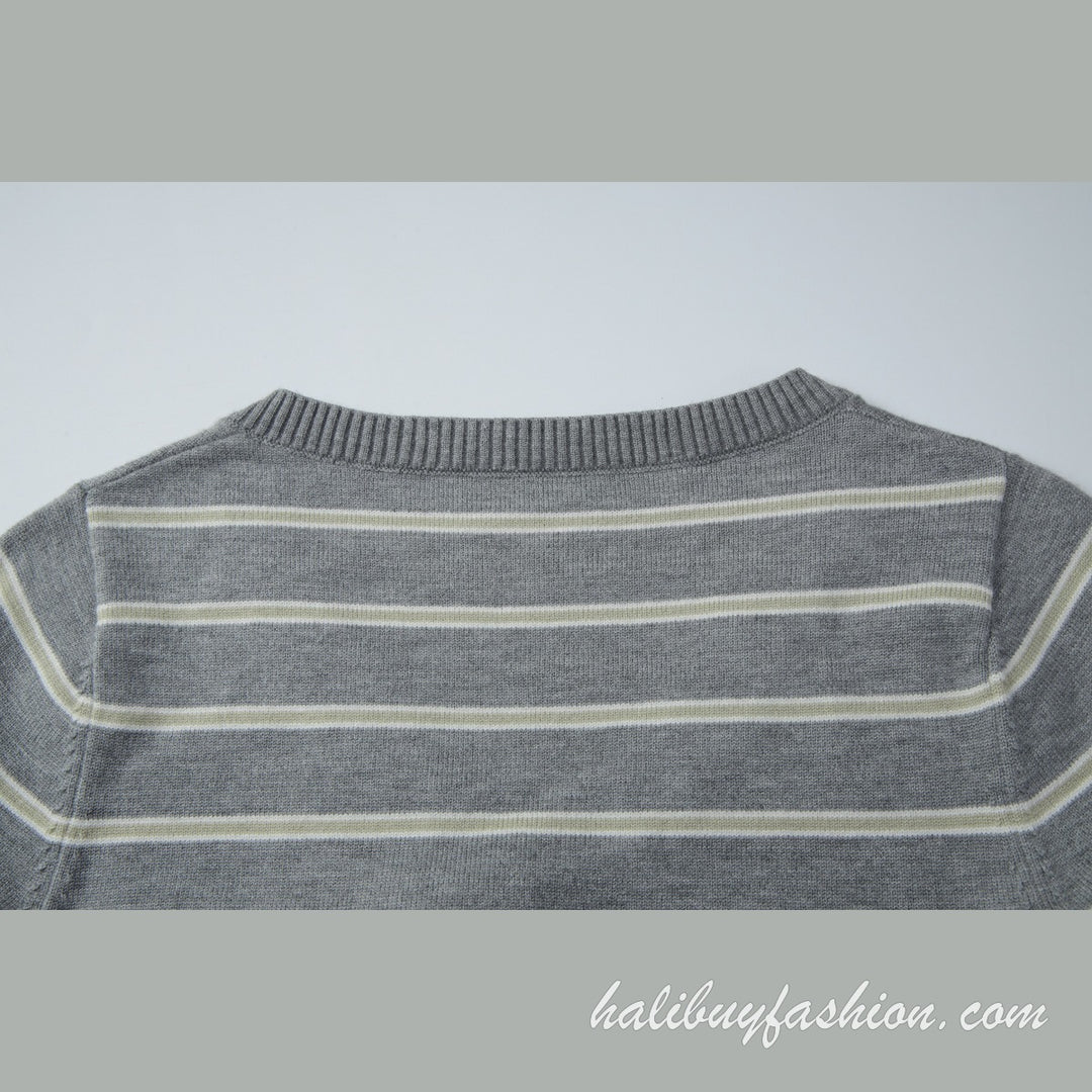 Deep v neck striped long sleeve knitted ribbed mini dress - Halibuy - 14