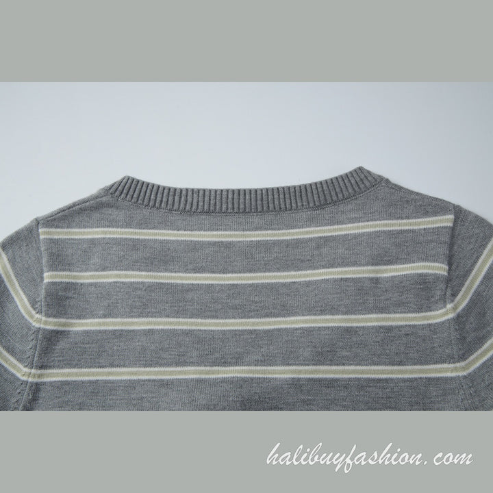 Deep v neck striped long sleeve knitted ribbed mini dress - Halibuy - 14