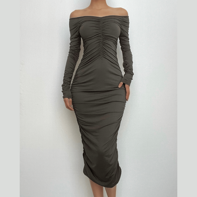 Off shoulder long sleeve ruched solid midi dress-final-sale  | Festival Outfits Women