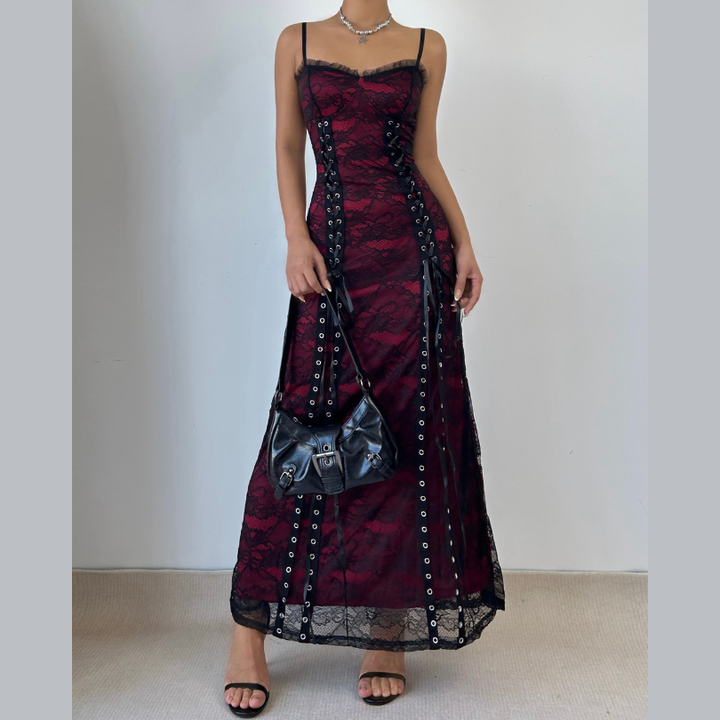 Ruffle lace up lace backless cami maxi dress  | Festival Outfits Women-final-sale