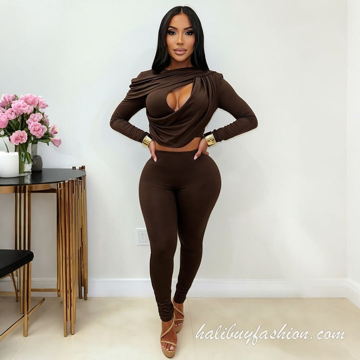 Long sleeve solid hollow out ruched knitted pant set - Halibuy - 14