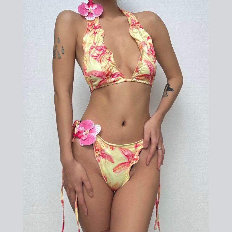 Halter self tie print flower applique pant set  | Festival Outfits Women-final-sale