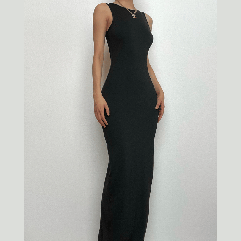 Sleeveless round neck solid backless slit midi dress-final-sale  | Festival Outfits Women