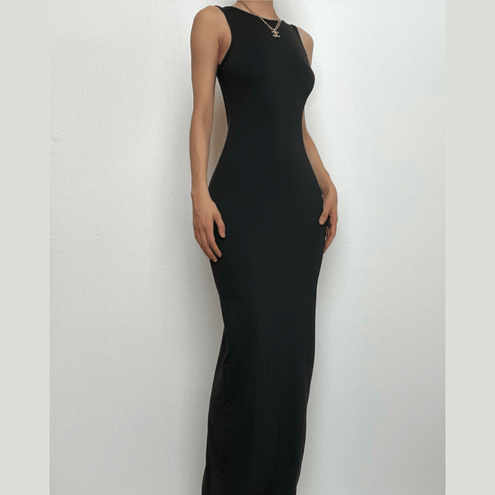 Sleeveless round neck solid backless slit midi dress-final-sale  | Festival Outfits Women