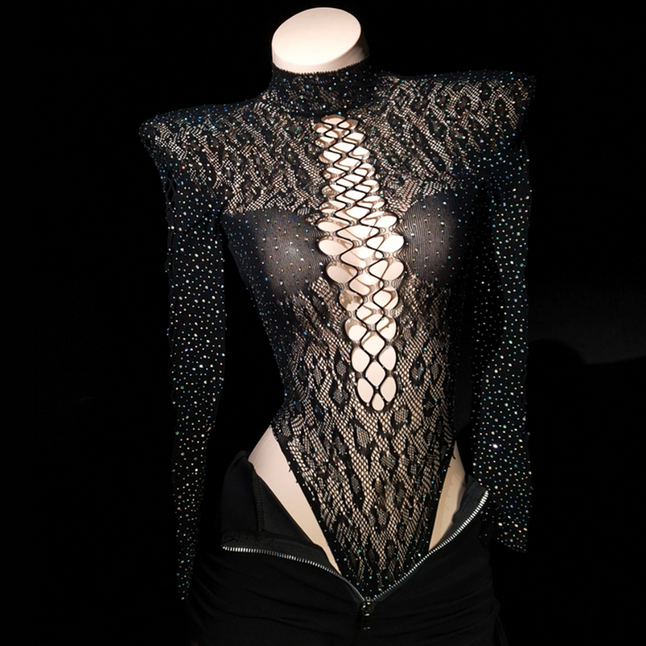 Long sleeve hollow out beaded backless bodysuit  | Festival Outfits Women