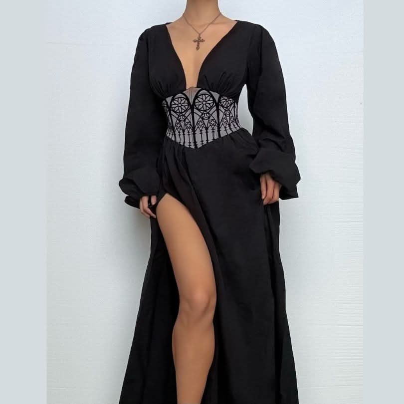 Long sleeve v neck corset maxi dress-final-sale  | Festival Outfits Women