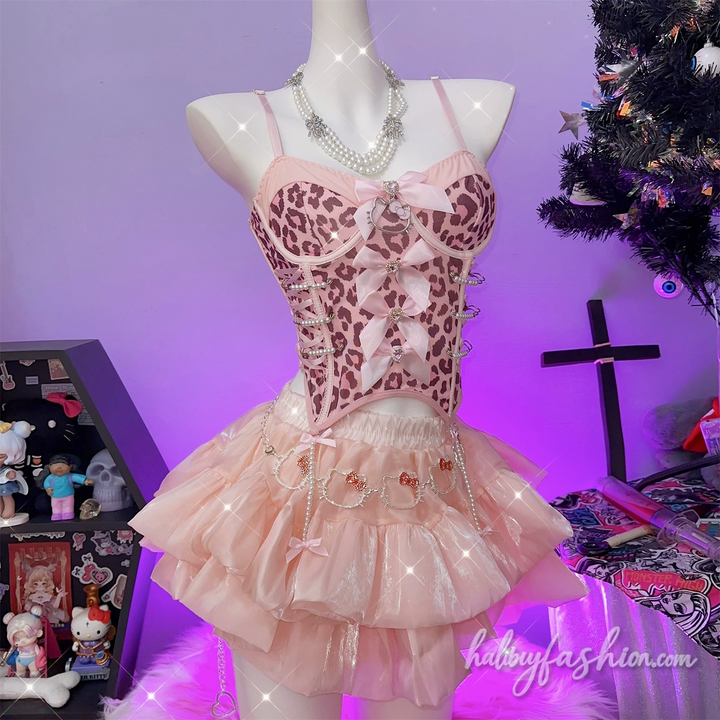 Leopard print bowknot beaded cami top