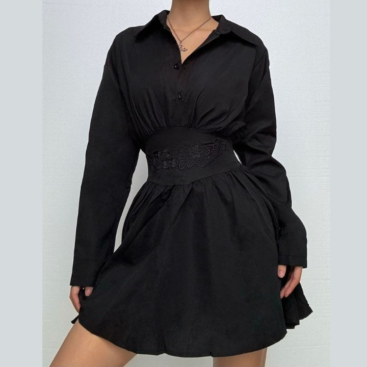 Zip-up long sleeve turnover collar embroidery mini dress  | Festival Outfits Women