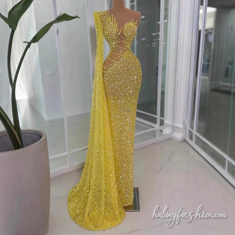 Irregular long flared sleeve one shoulder glitter maxi dress - Halibuy - 2