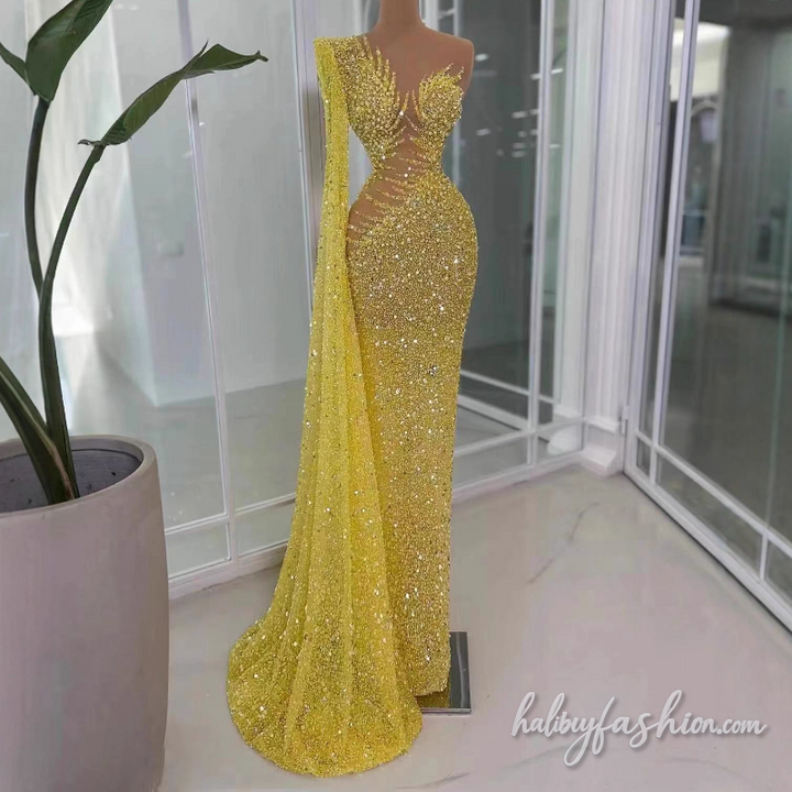 Irregular long flared sleeve one shoulder glitter maxi dress - Halibuy - 2