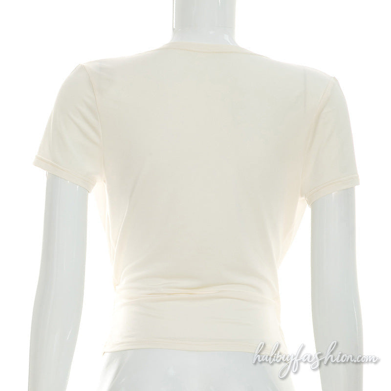 Short sleeve v neck ruched solid top