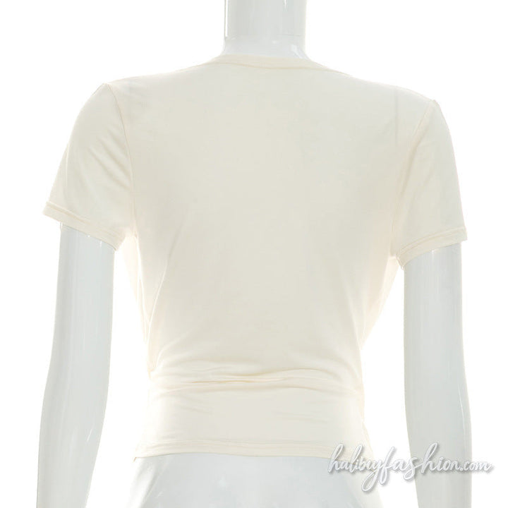 Short sleeve v neck ruched solid top