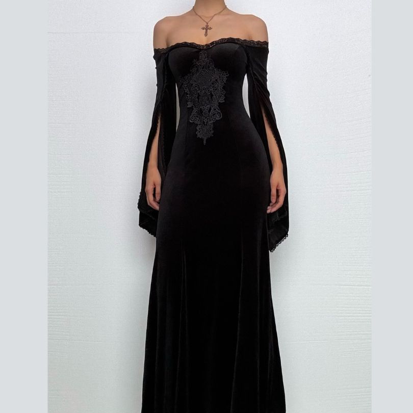 Off shoulder long flared sleeve velvet embroidery maxi dress-final-sale
