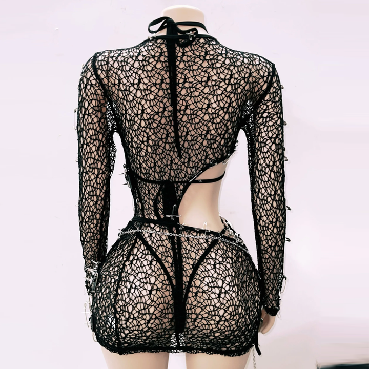 Long sleeve metal chain hollow out skull applique 3 piece dress  | Festival Outfits Women