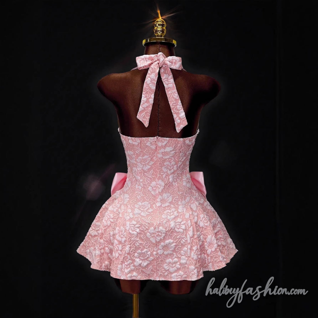 Bowknot halter self tie v neck backless mini dress