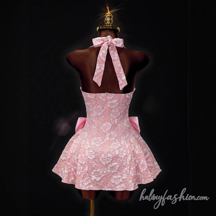 Bowknot halter self tie v neck backless mini dress