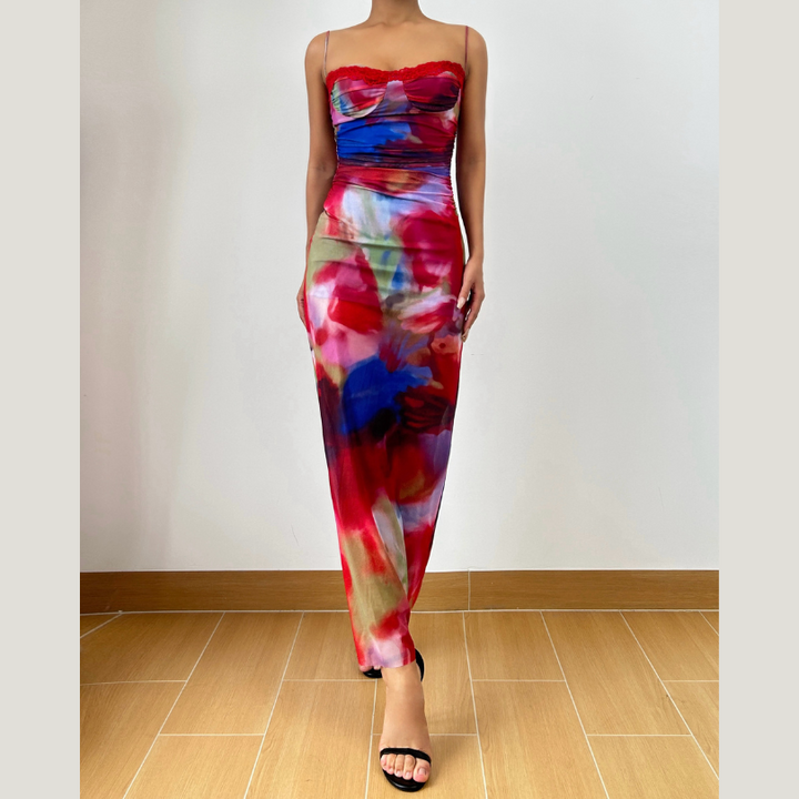 Contrast lace hem mesh cami maxi dress  | Festival Outfits Women