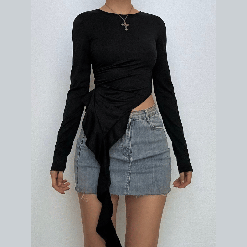 Long sleeve ruched irregular ruffle crewneck top-final-sale