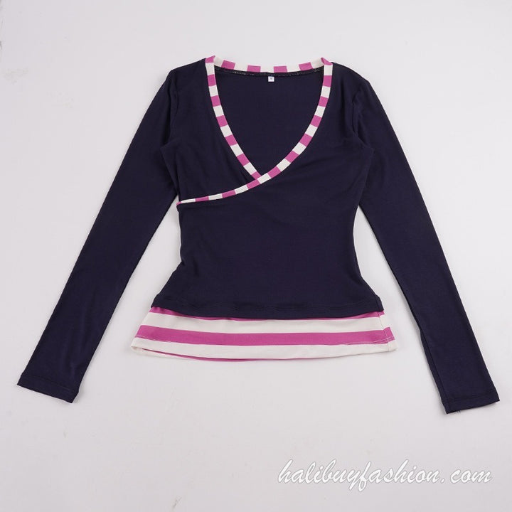 Long sleeve deep v neck cross front striped ruched knitted top - Halibuy - 15