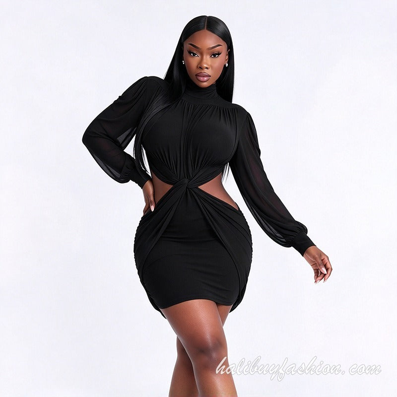 Long sleeve high neck cut out knotted solid ruched mini dress - Halibuy - 15