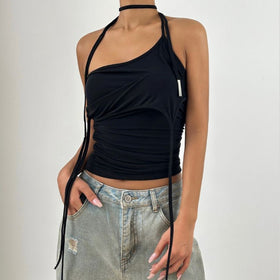 Halter backless solid ruched top  | Festival Outfits Women-final-sale