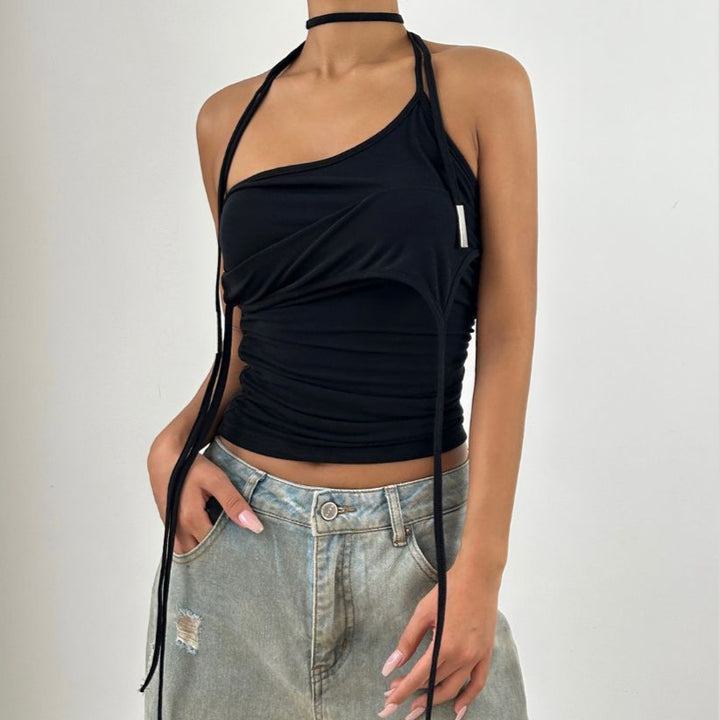 Halter backless solid ruched top  | Festival Outfits Women-final-sale