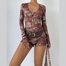 Ruffle long sleeve hollow out print romper  | Festival Outfits Women