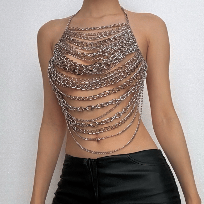 Halter layered metal chain hollow out backless cut out top  | Festival Outfits Women