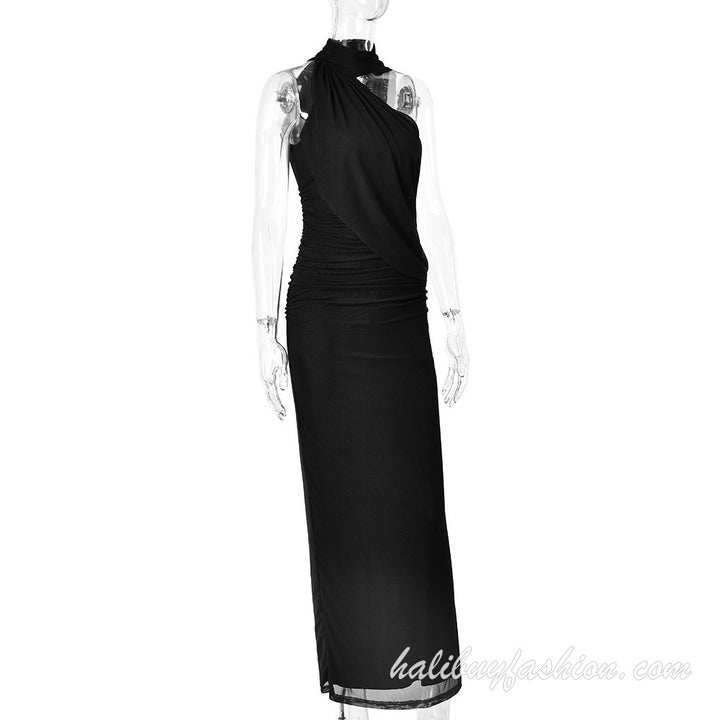 One shoulder sleeveless solid ruched backless maxi dress - Halibuy - 15