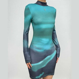 High neck long sleeve self tie backless gradient mini dress-final-sale  | Festival Outfits Women