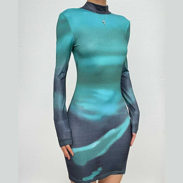High neck long sleeve self tie backless gradient mini dress-final-sale  | Festival Outfits Women
