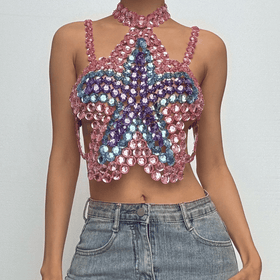 Halter star pattern backless gem chain top  | Festival Outfits Women