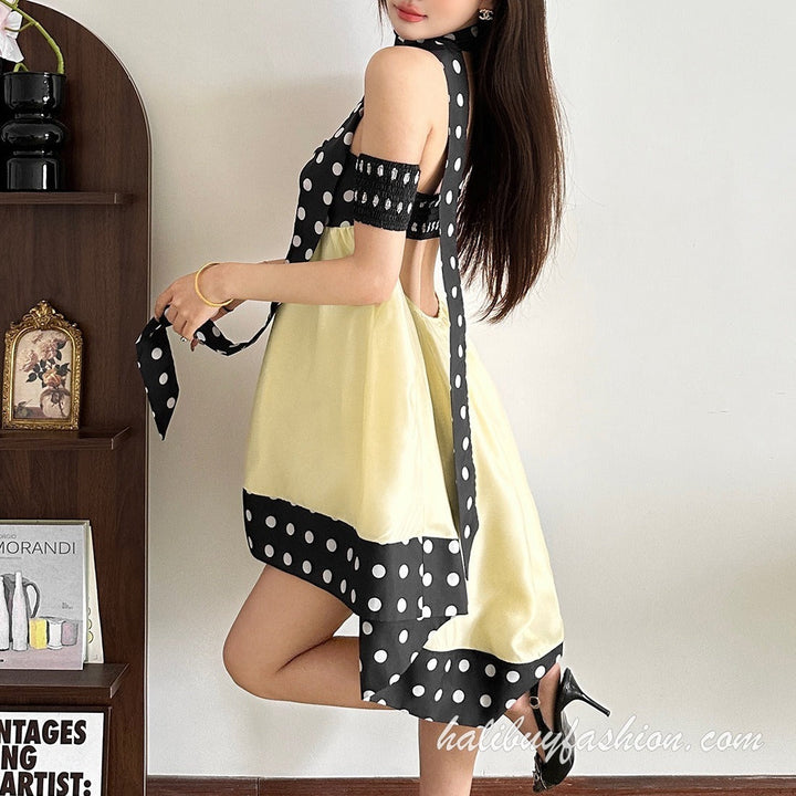Off shoulder polka dot print irregular backless mini dress - Halibuy - 15