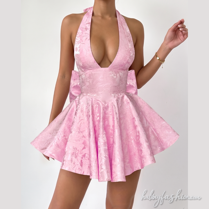 Halter self tie bowknot v neck print mini dress