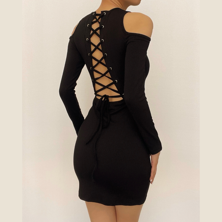 Long sleeve solid hollow out lace up self tie cut out mini dress-final-sale  | Festival Outfits Women