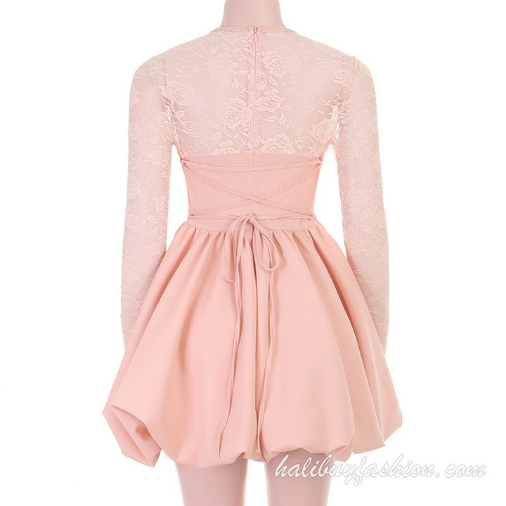 Long sleeve lace corset solid lace up mini dress - Halibuy - 15