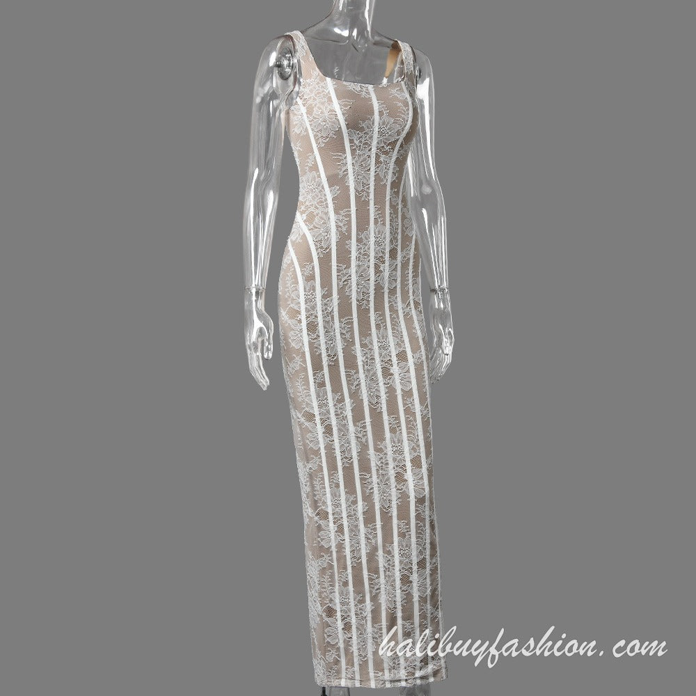 Lace square neck sleeveless see through cami maxi dress - Halibuy - 15