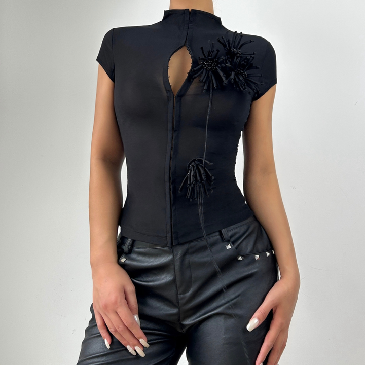 High neck short sleeve flower applique button top  | Festival Outfits Women