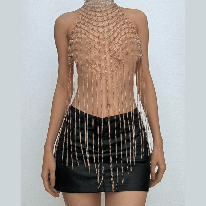 Halter hollow out metal chain backless cut out top  | Festival Outfits Women