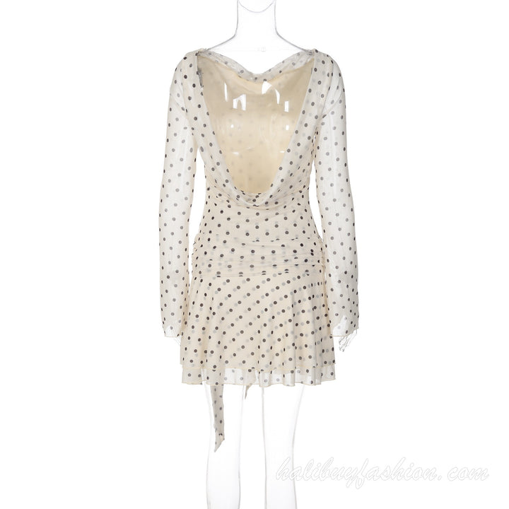 Long flared sleeve polka dot print sheer mesh backless ruffle mini dress - Halibuy - 15