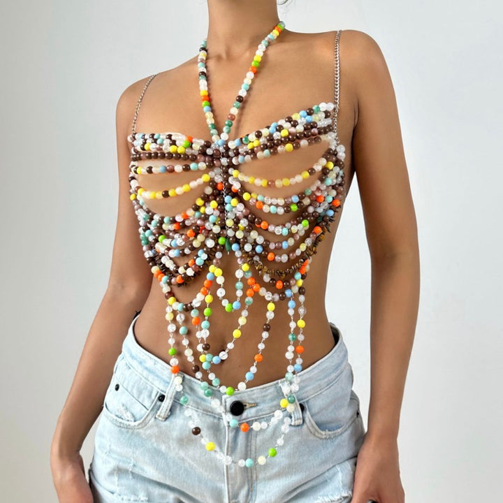 Beaded contrast halter backless top  | Festival Outfits Women