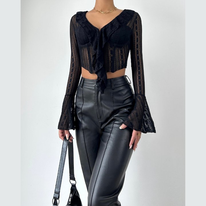 Long flared sleeve ruffle v neck button top  | Festival Outfits Women