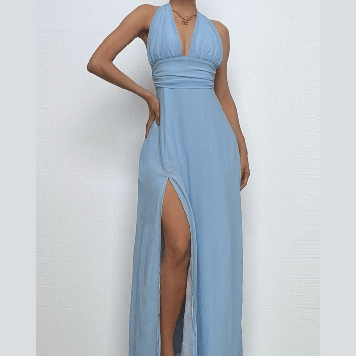 Halter deep v neck ruched high slit maxi dress  | Festival Outfits Women