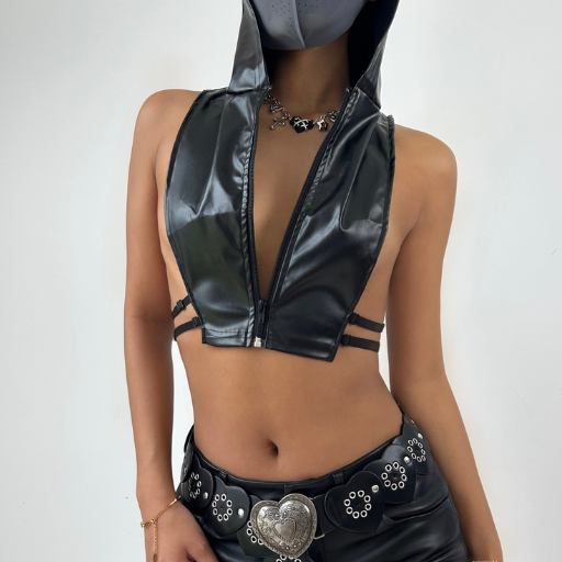 Hoodie zip-up PU leather hollow out cut out top  | Festival Outfits Women-final-sale