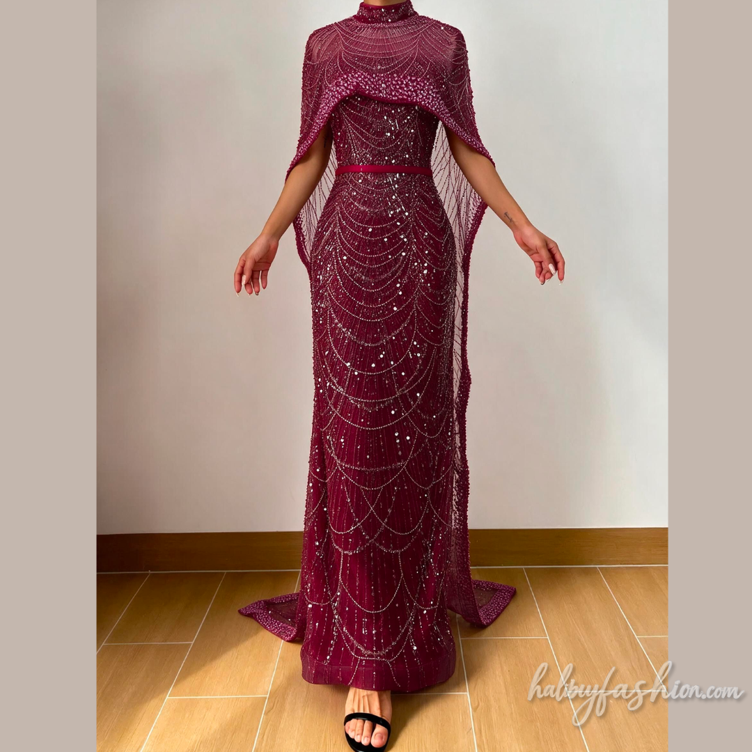 Beaded high neck solid shrug maxi dress
